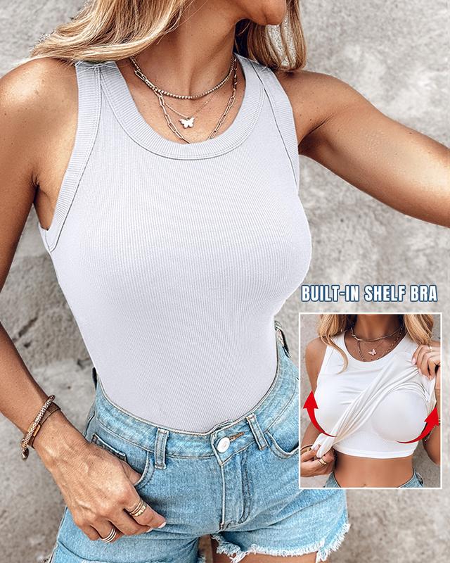 🔥Hot sale🔥Round Neck Ribbed Tank Top With Built-in Bra