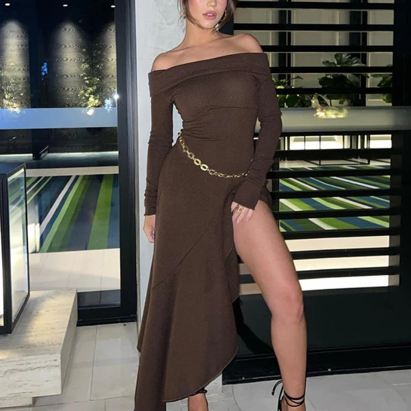 Temperament Off Shoulder Long Sleeve Irregular Hem Stretch Maxi Dress