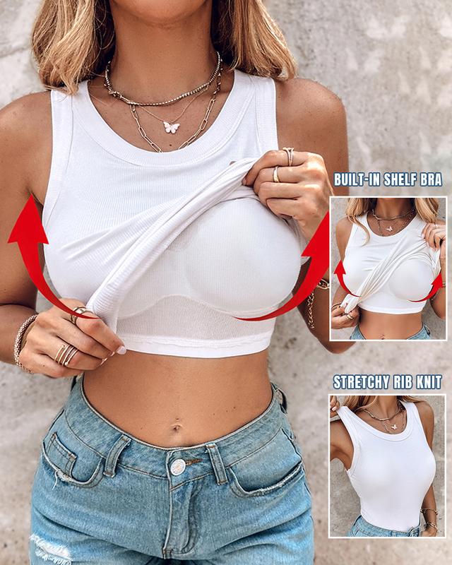 🔥Hot sale🔥Round Neck Ribbed Tank Top With Built-in Bra