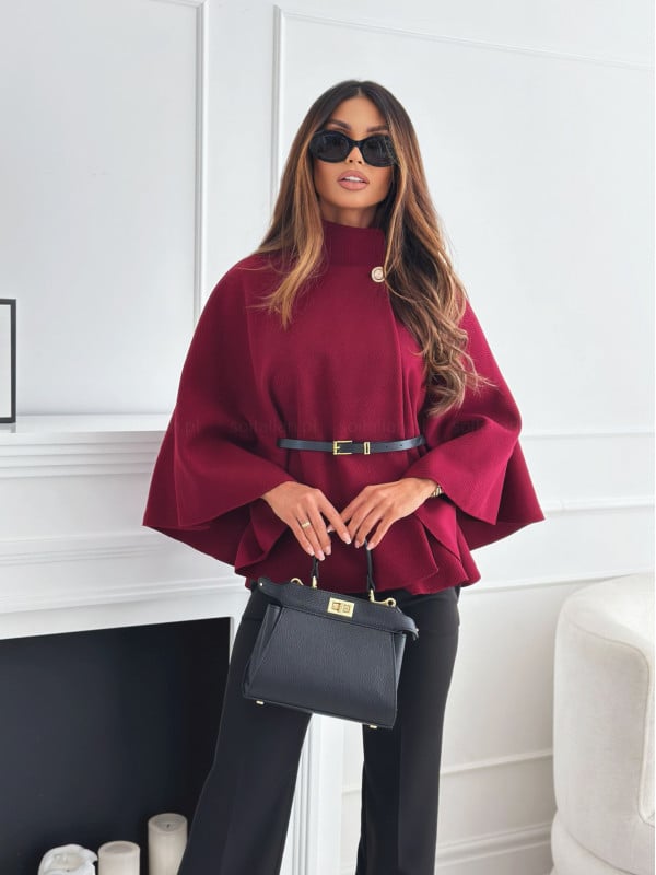 Hellohobot - Elegant Solid Color Belted Wool Cape Jacket