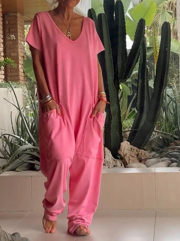 🔥Hot sale🔥Casual V-neck Solid Color Jumpsuit