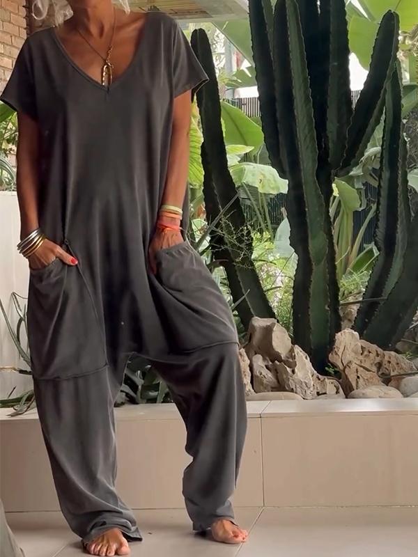 🔥Hot sale🔥Casual V-neck Solid Color Jumpsuit