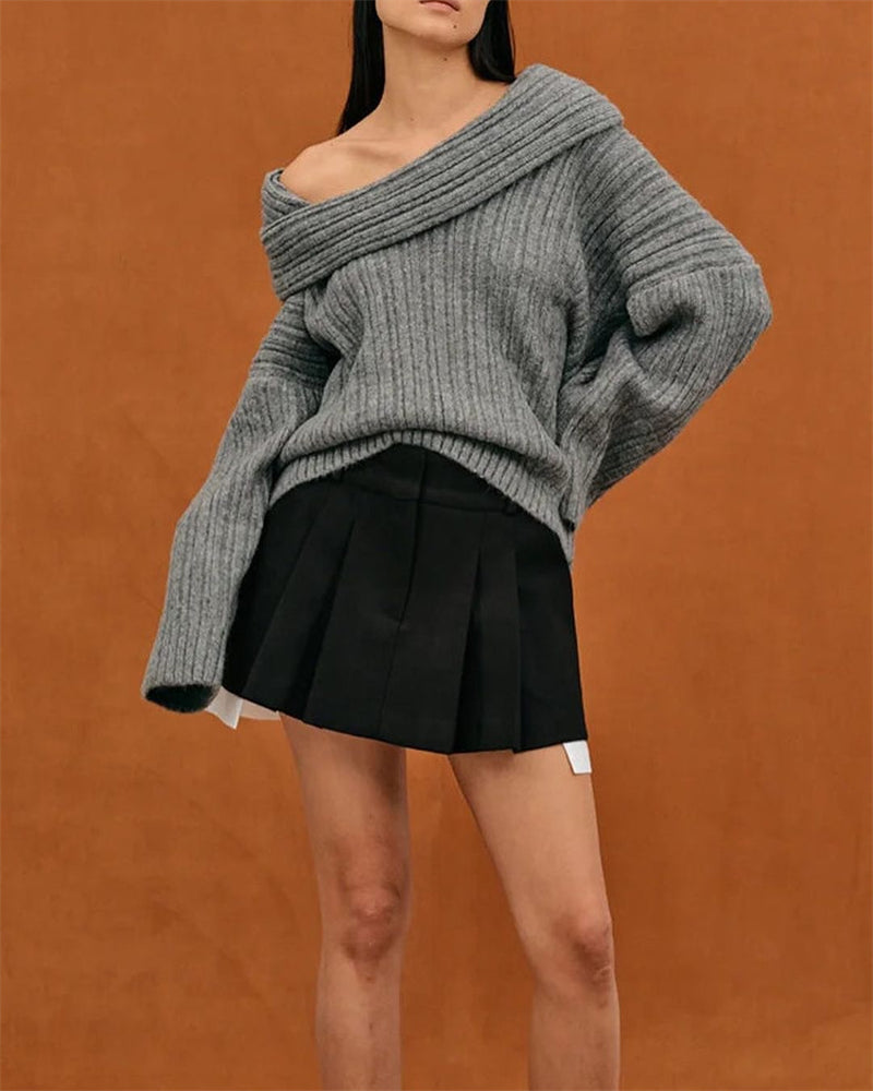 Hellohobot - Chic One Shoulder Wrapped Knitted Loose Sweater