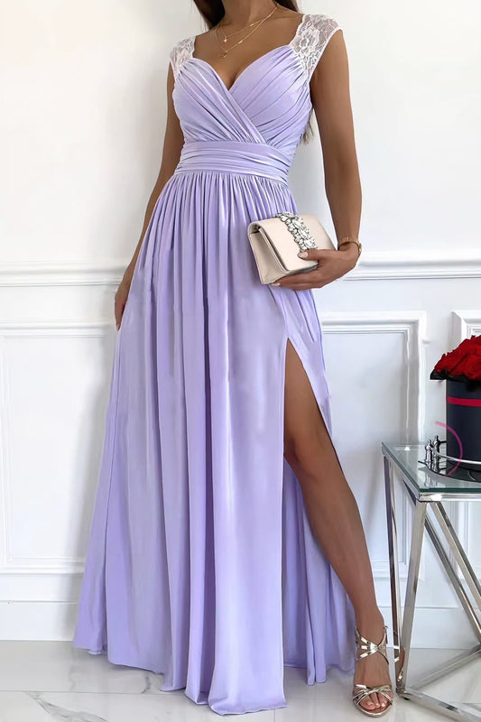 Sleeveless lace backless hem slit dress