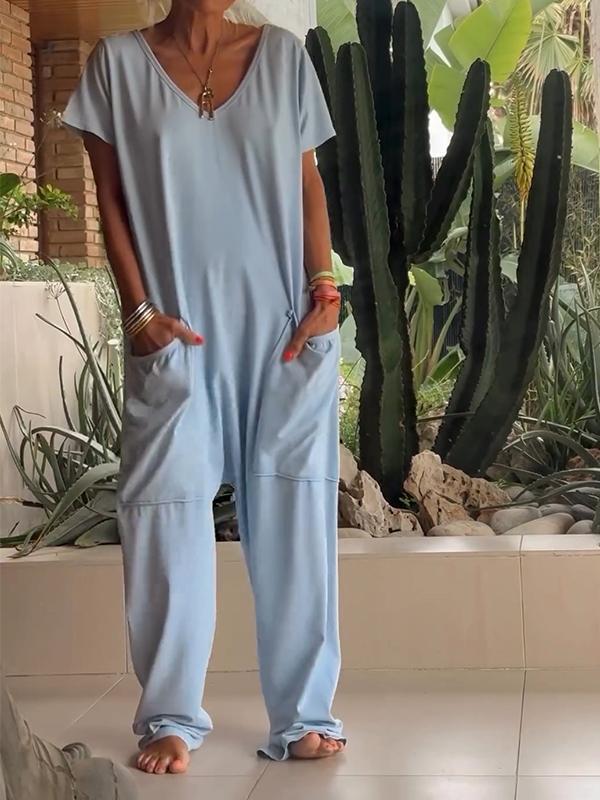 🔥Hot sale🔥Casual V-neck Solid Color Jumpsuit