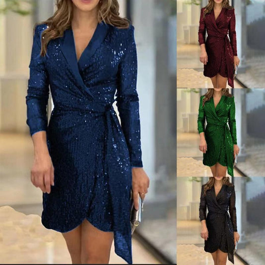 🔥Hot Sale🔥Fashion sexy sequin solid color solid waist dress for lady