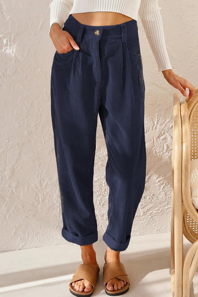 Hellohobot - Mid Rise Button Zipper Side Pocket Corduroy Casual Pants