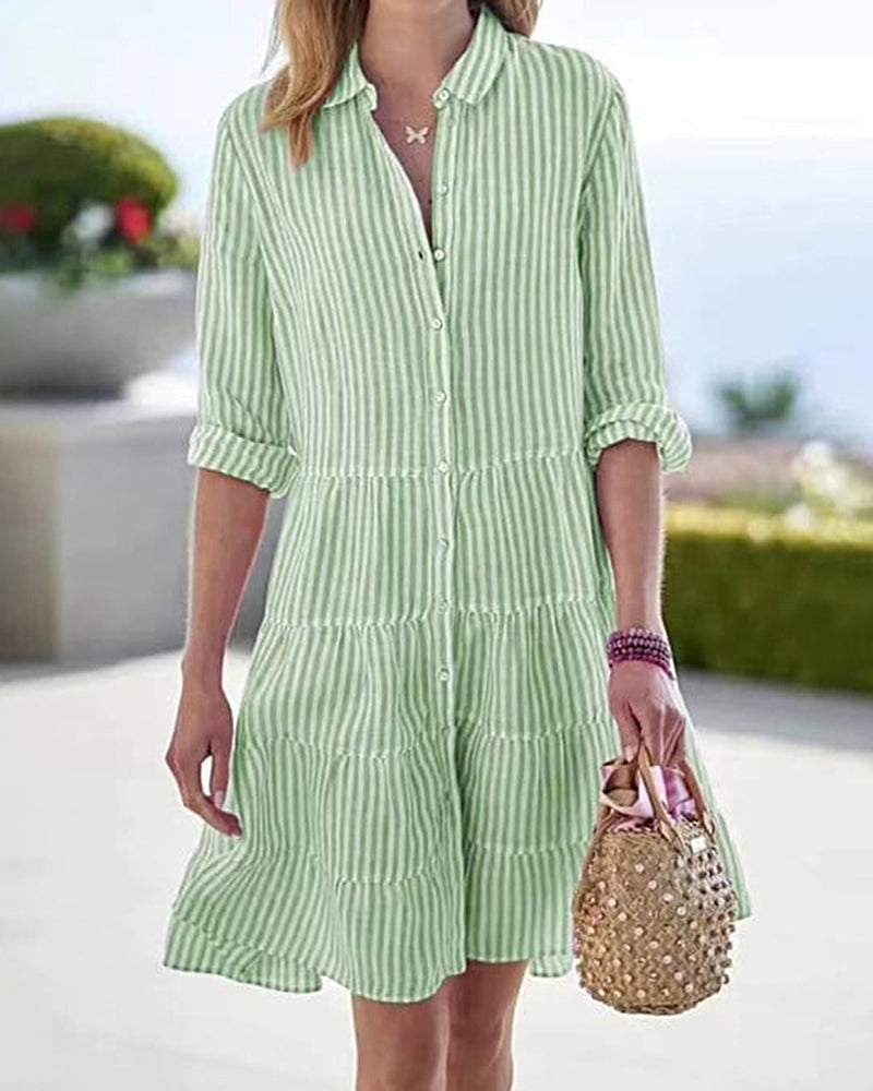 🔥Huge Sale 51% OFF💖Long Sleeve Lapel Stripe Layered Panel Hem Shirt Dress