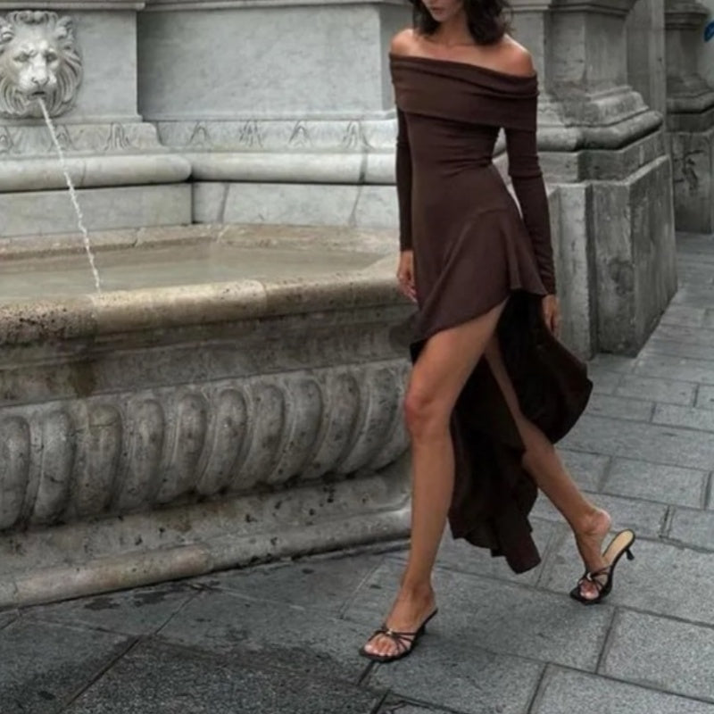 Temperament Off Shoulder Long Sleeve Irregular Hem Stretch Maxi Dress