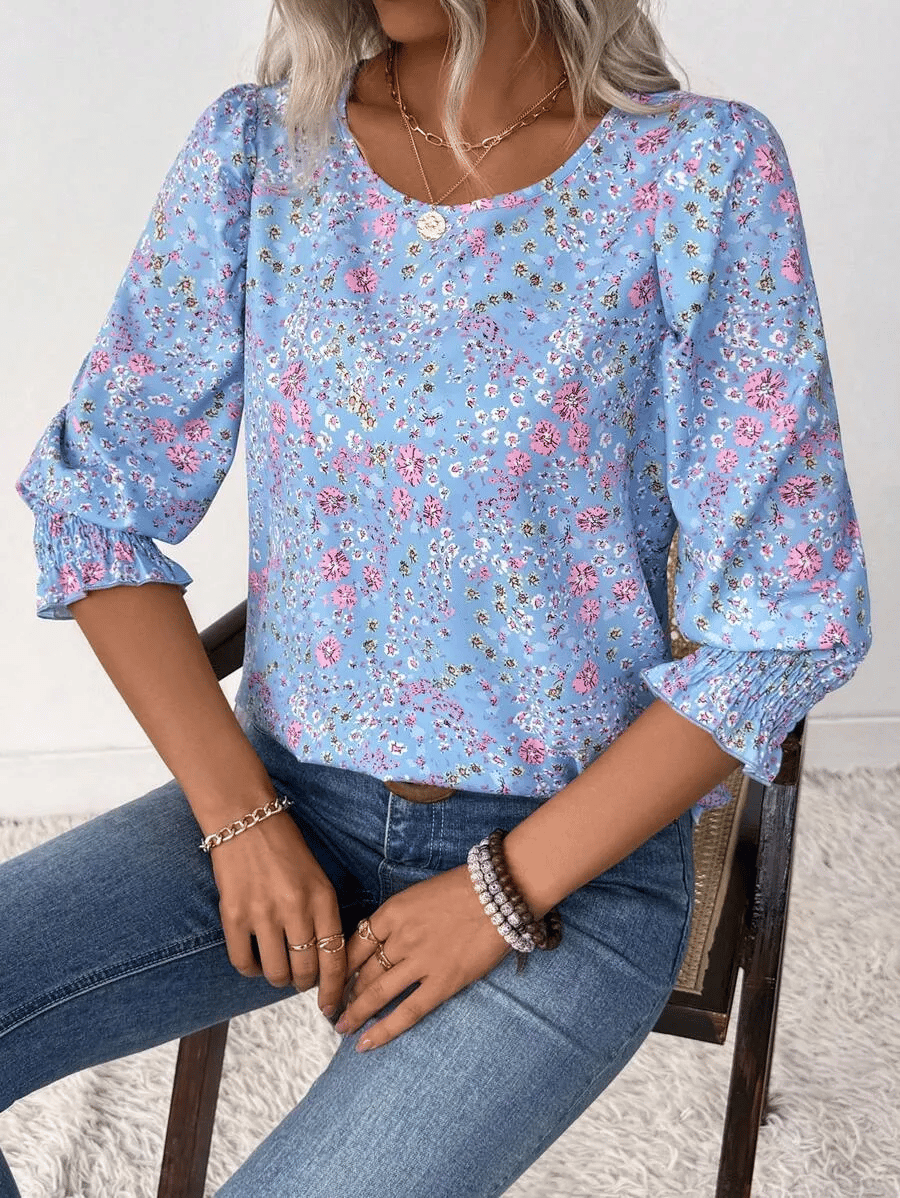 Hot Sale-Women Dressy Casual 3/4 Length Sleeve Blouses with Smocked Cuffs
