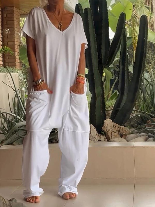 🔥Hot sale🔥Casual V-neck Solid Color Jumpsuit