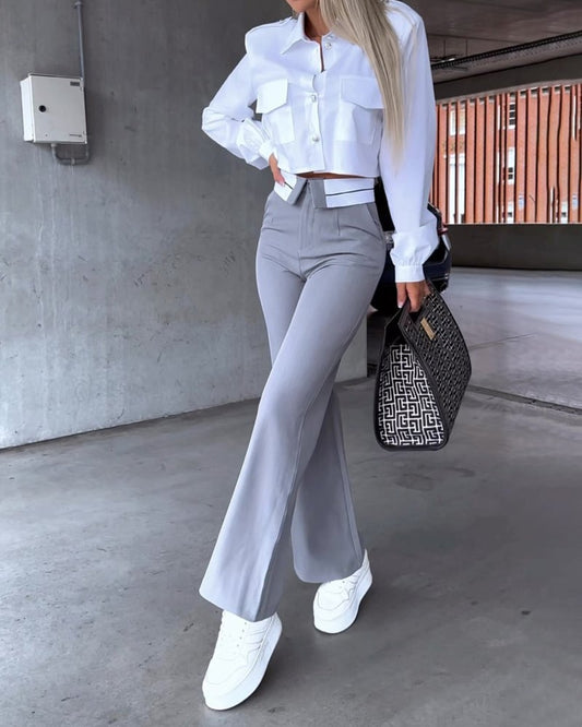 Hellohobot - Lapel Long Sleeve Top and Pants Two-Piece Suit