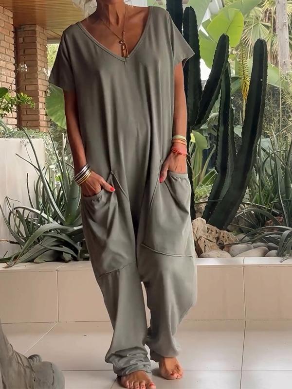 🔥Hot sale🔥Casual V-neck Solid Color Jumpsuit