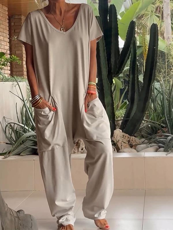 🔥Hot sale🔥Casual V-neck Solid Color Jumpsuit