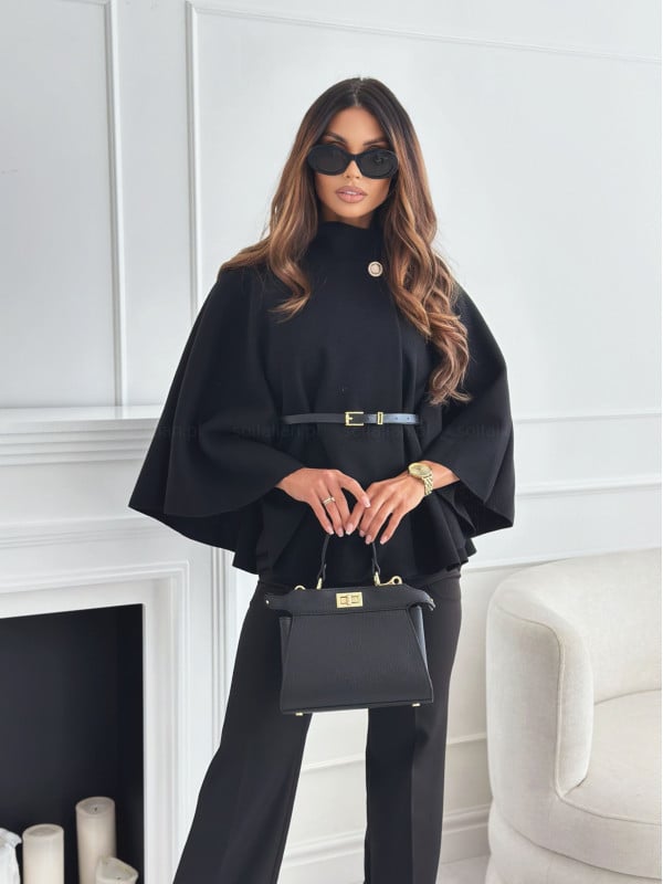 Hellohobot - Elegant Solid Color Belted Wool Cape Jacket