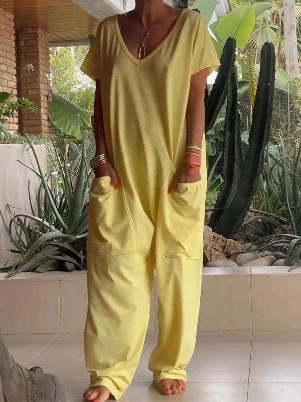 🔥Hot sale🔥Casual V-neck Solid Color Jumpsuit