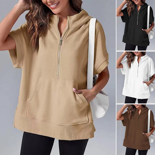 🔥Hot Sale🔥Oversized Casual Half Zip Short Sleeve Pullover Tops