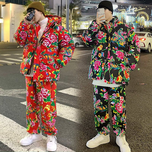 Big flower cotton hooded jacket and pants two-piece set