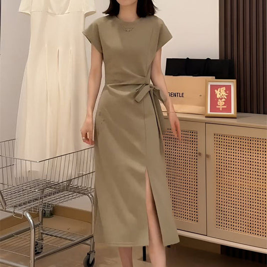 Elegant Solid Color Waist Tie Side Split Dress