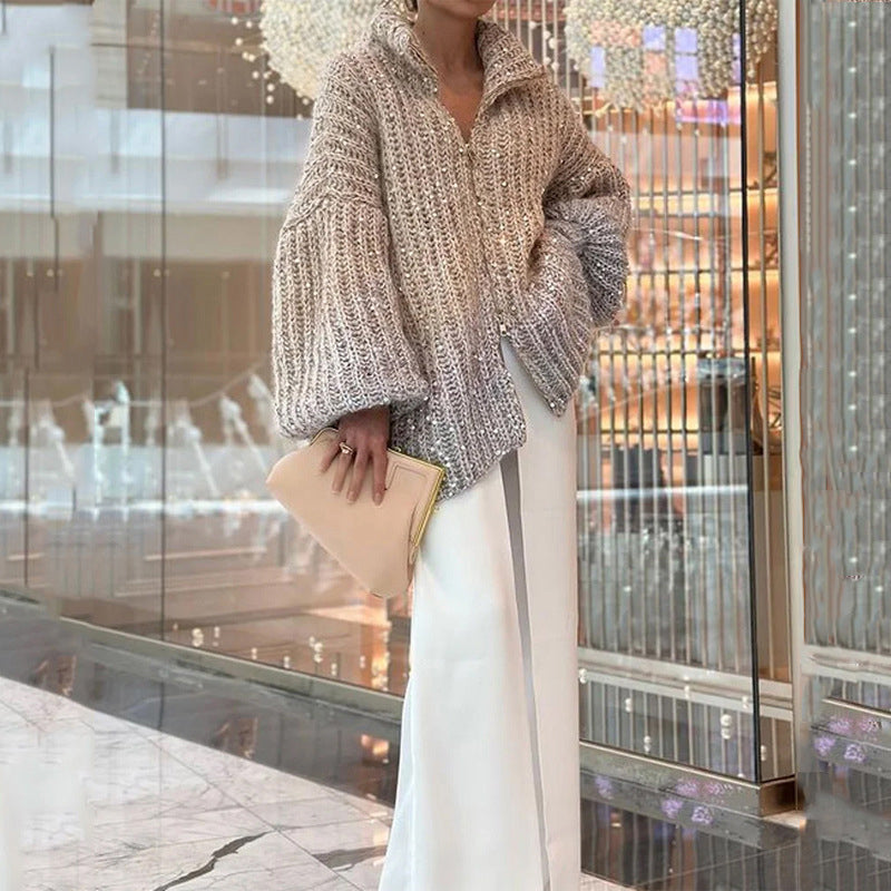 Solid Color Sequin Knit Sweater Jacket