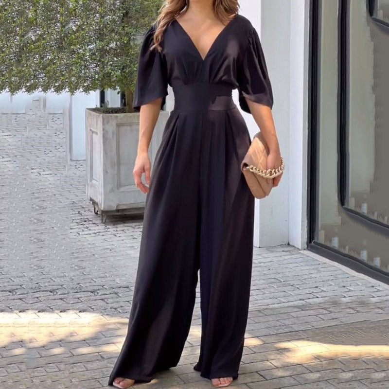 V-neck high waist loose wide-leg jumpsuit